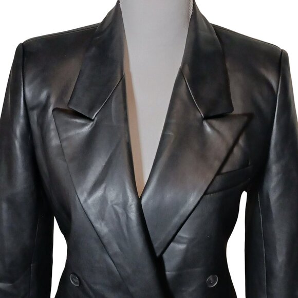 Zara Black Double Breasted Vegan Leather Fitted Blazer Jacket Sharp Lapels S - Picture 7 of 13